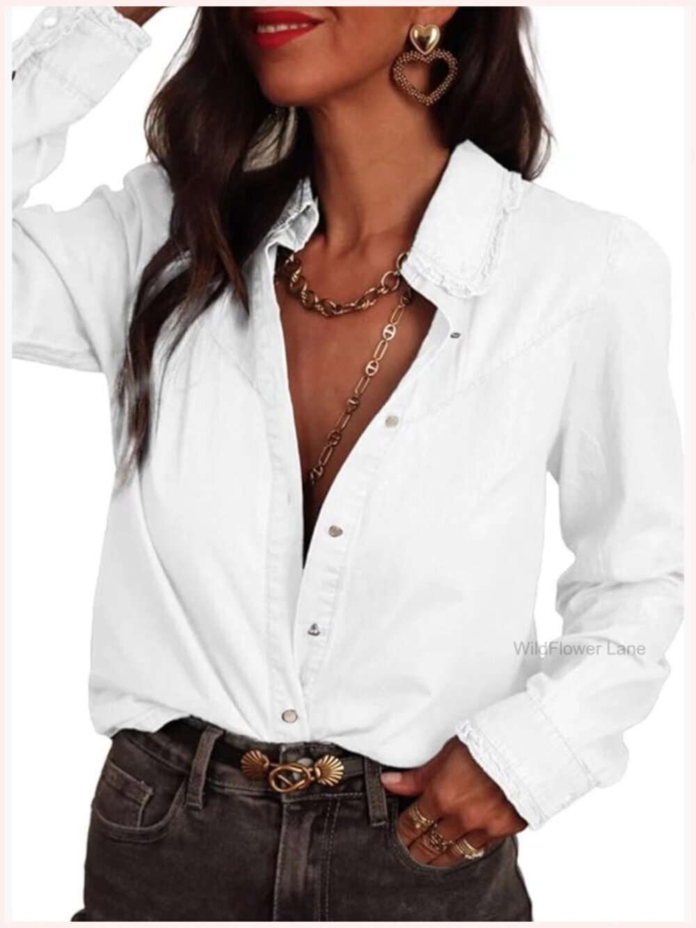 Ruffle V-Neck Button Down Denim Shirt Long Sleeve Chambray Work Top